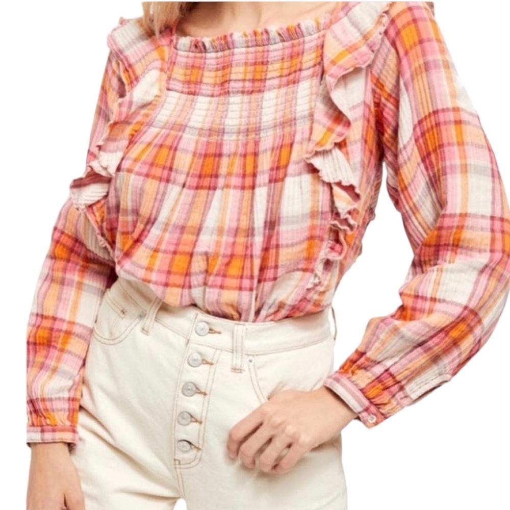 Free People “Siena” Plaid Top in Tea Combo NWT (F)